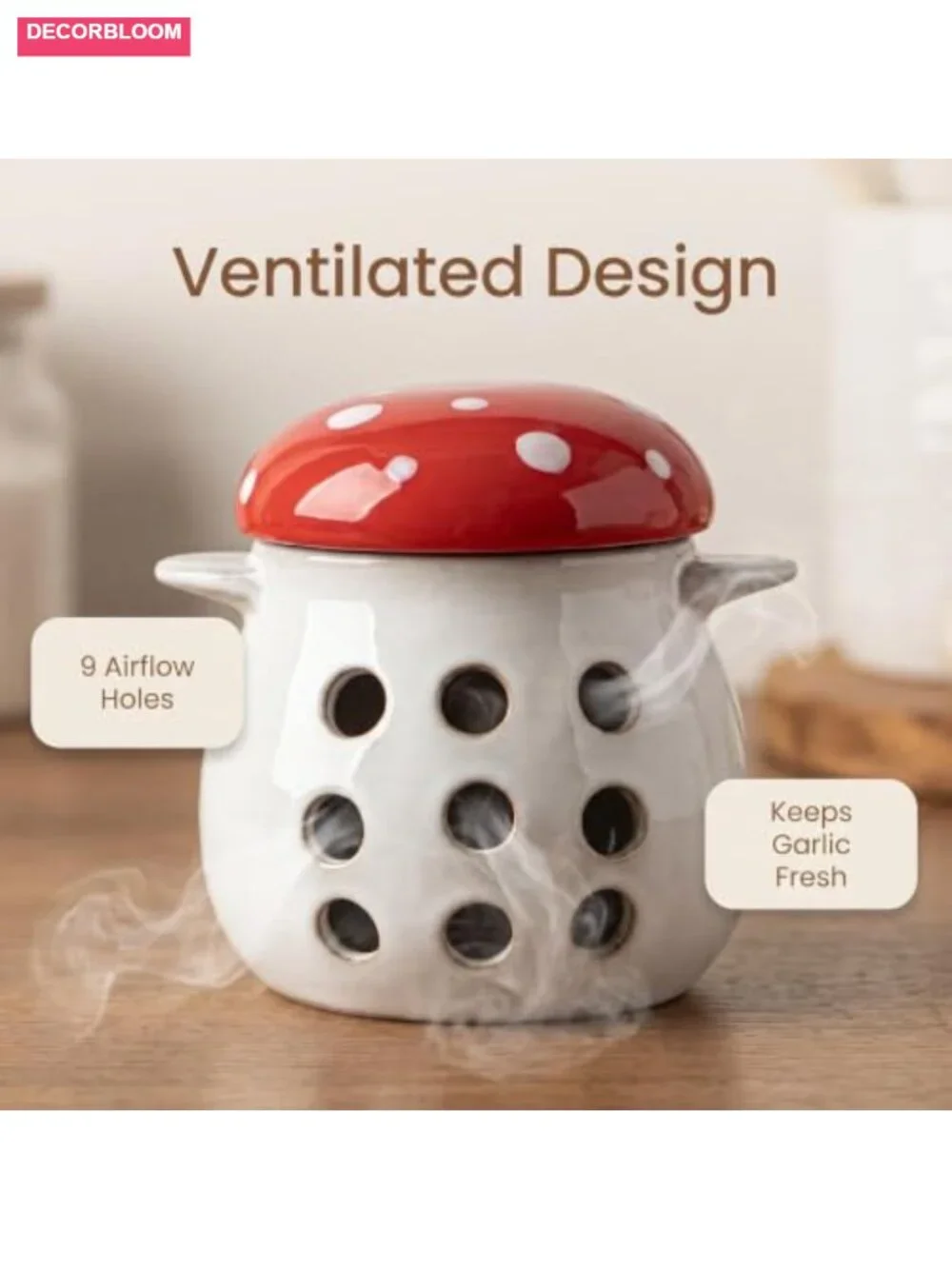 Ceramic Garlic Keeper with Lid Mushroom Decor Ventilated Garlic Storage Jar